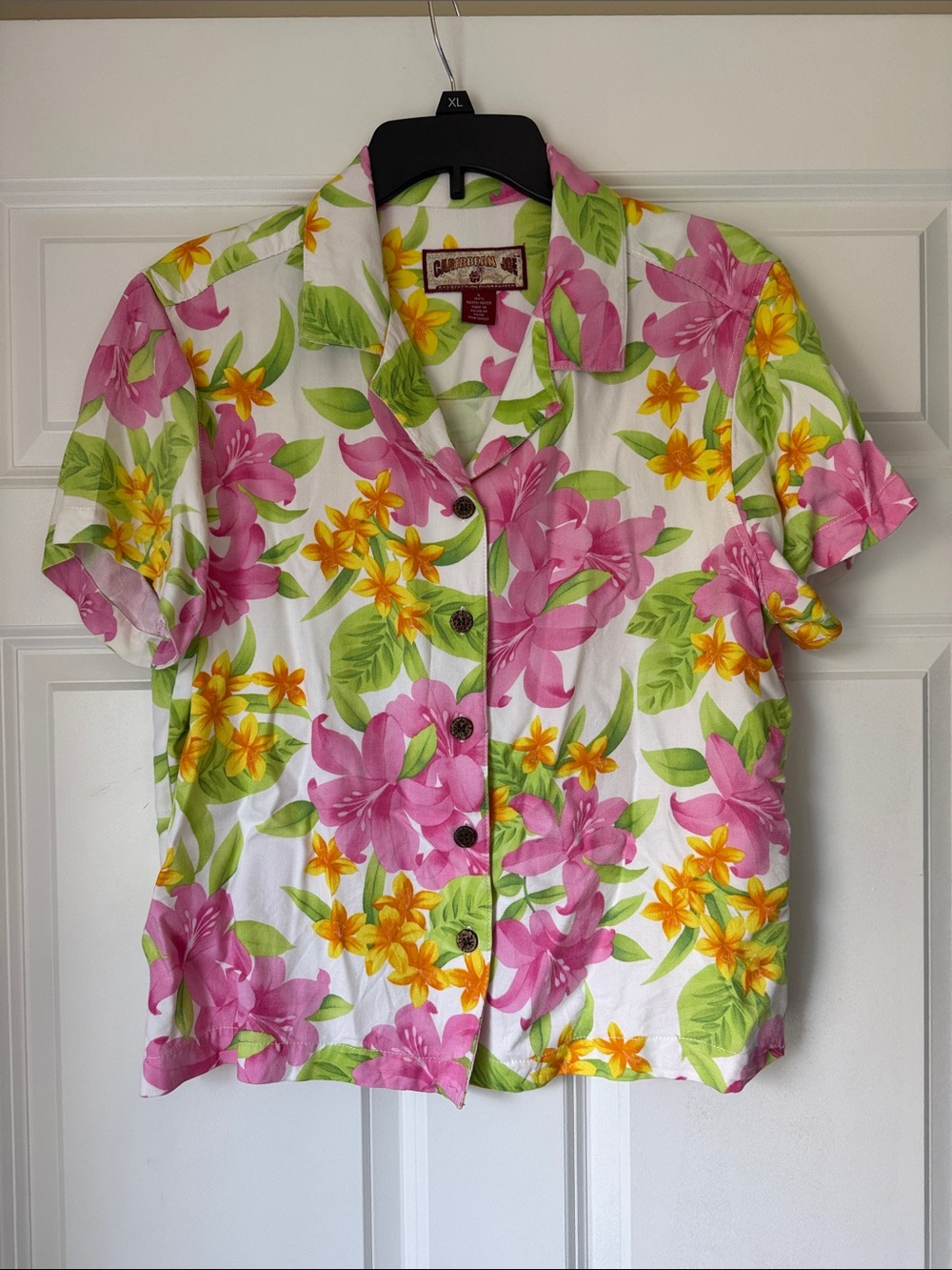 Caribbean Joe White Floral Camp Shirt with Pink and Yellow Blooms